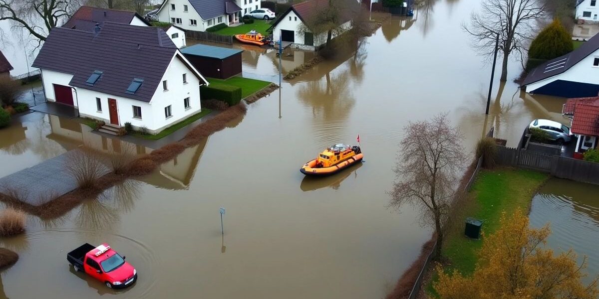 Povodně v severních Čechách, zaplavené domy a záchranné čluny