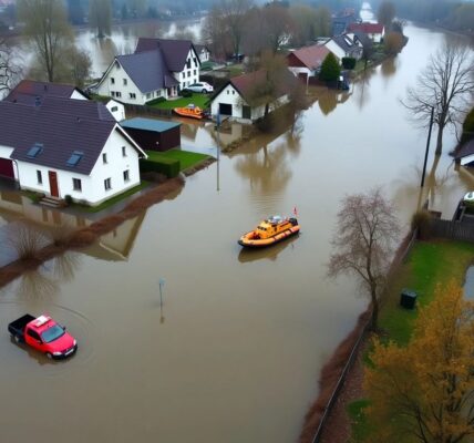 Povodně v severních Čechách, zaplavené domy a záchranné čluny