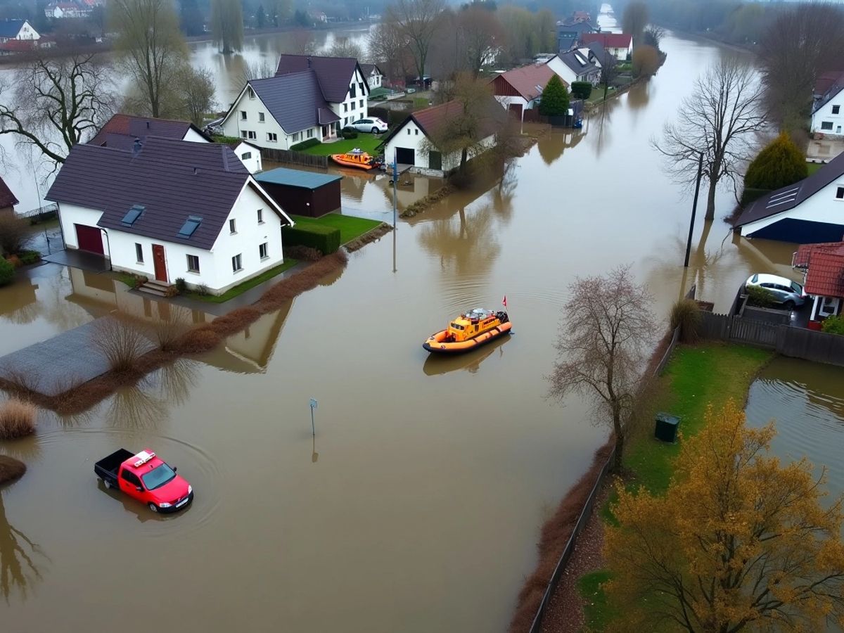 Povodně v severních Čechách, zaplavené domy a záchranné čluny