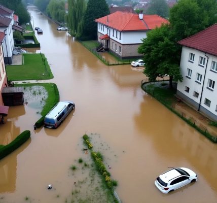 Zaplavené ulice v Ostravě s potopenými auty.