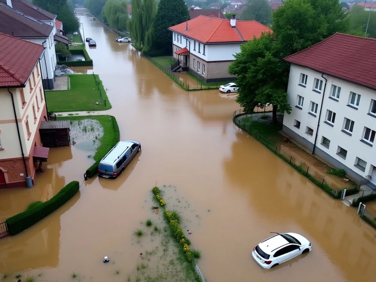 Zaplavené ulice v Ostravě s potopenými auty.