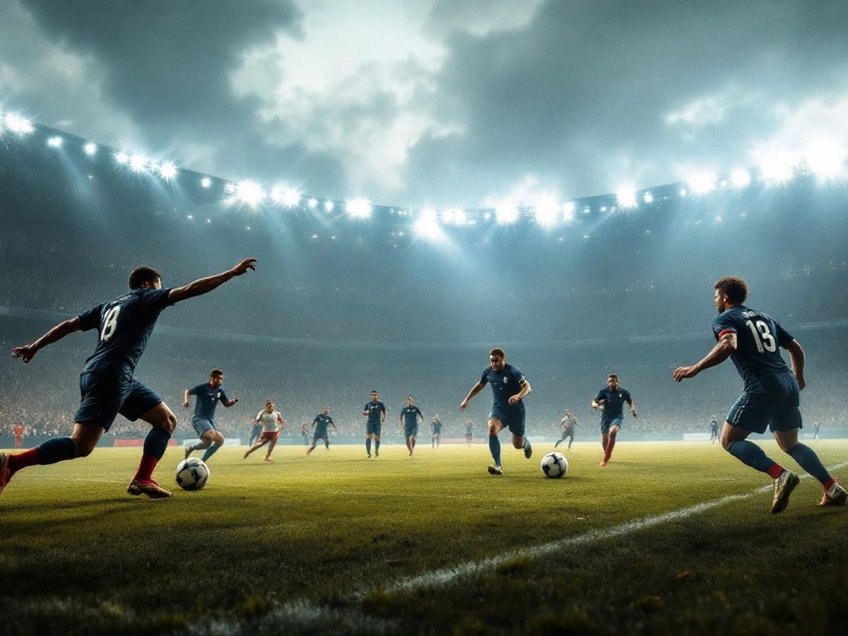 Fotbalový zápas Francie a Česka na stadionu.