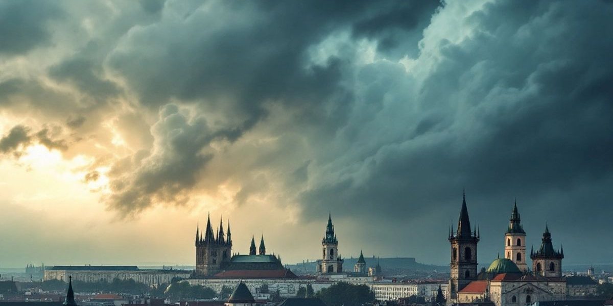 Prague s temnými mraky nad finančními budovami.