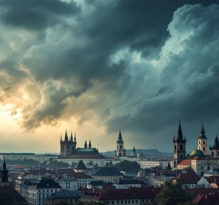 Prague s temnými mraky nad finančními budovami.