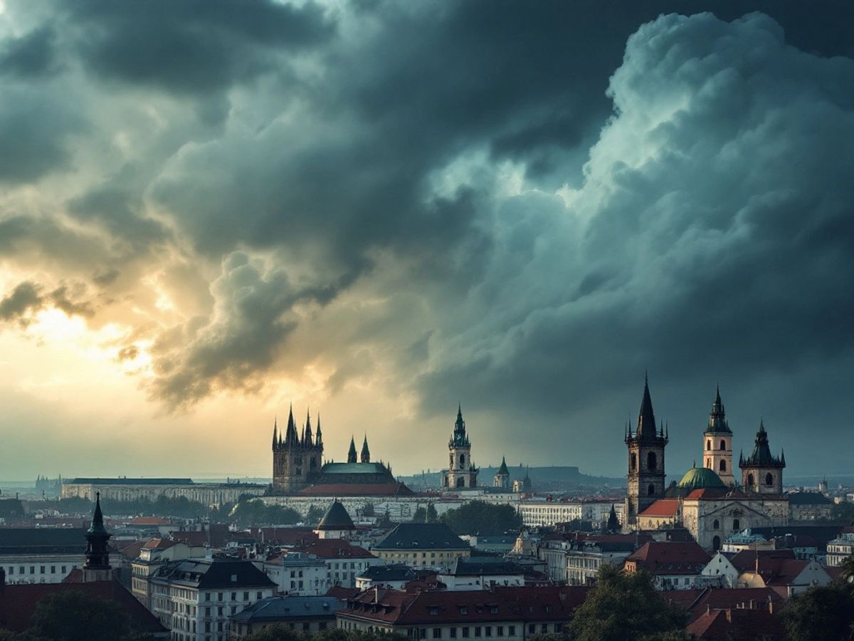 Prague s temnými mraky nad finančními budovami.