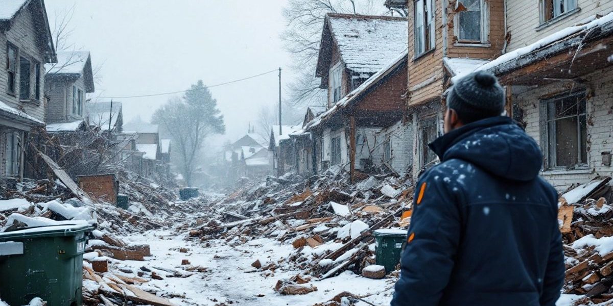 Zničené domy a humanitární pracovník v zimě.