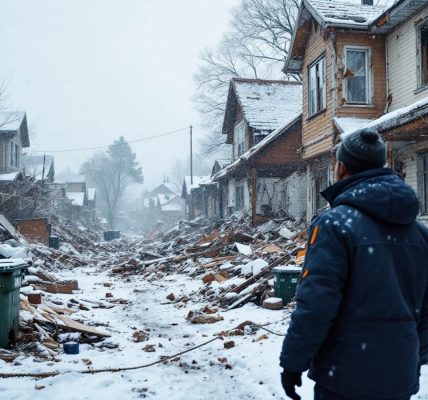 Zničené domy a humanitární pracovník v zimě.