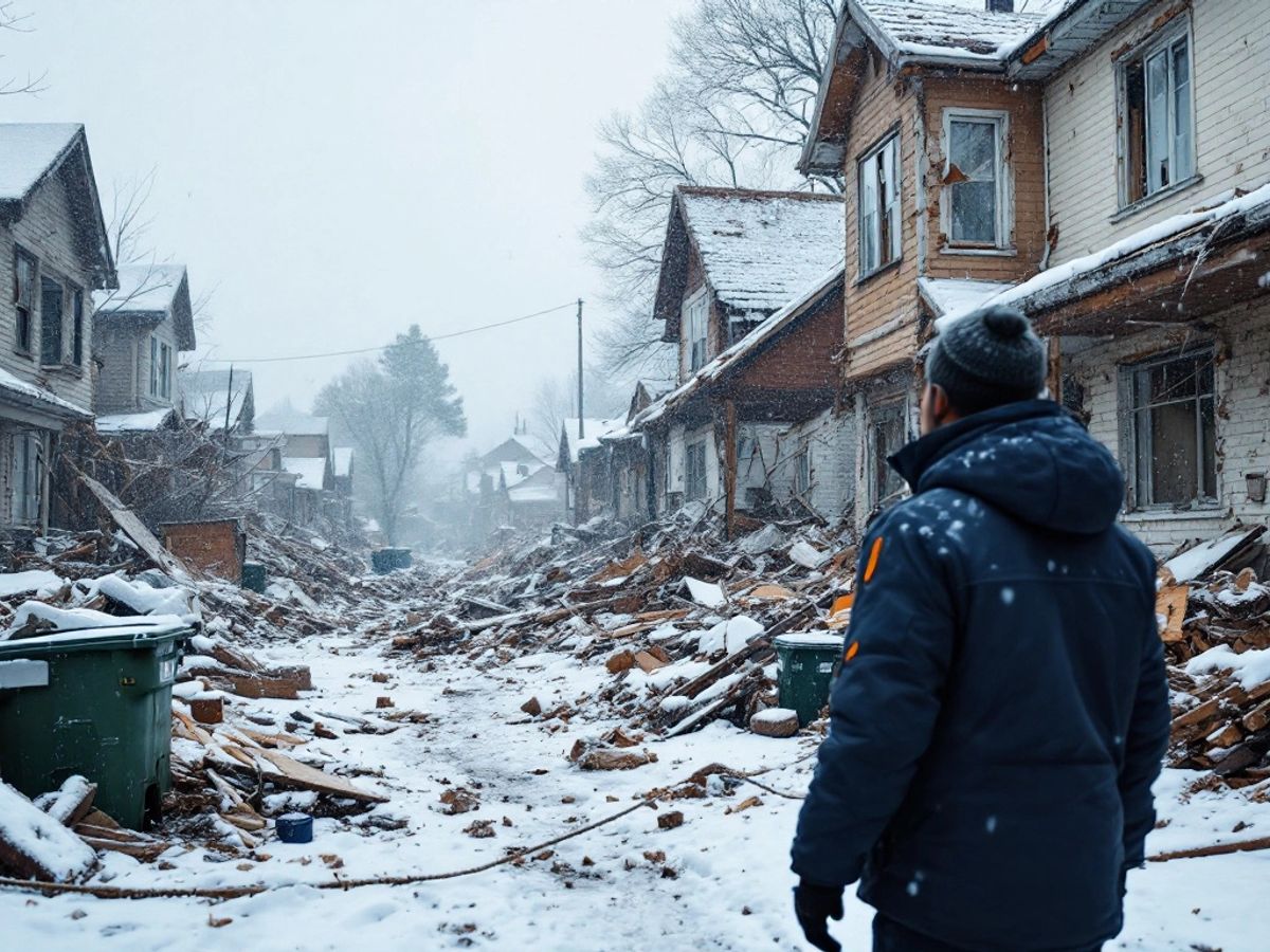 Zničené domy a humanitární pracovník v zimě.